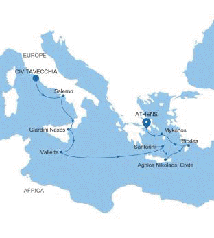 Silversea Cruises World Cruise Silver Nova Map 2027 Civitavecchia (Rome) to Athens (Piraeus)