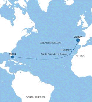 Silversea Cruises World Cruise Silver Nova Map 2028 Miami, FL to Lisbon