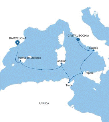 Silversea Cruises Silver Nova Map 2026 Civitavecchia (Rome) to Barcelona