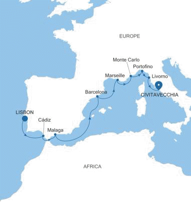 Silversea Cruises Silver Nova Map 2026 Lisbon to Civitavecchia (Rome)