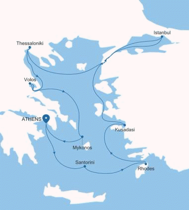 Silversea Cruises Silver Nova Map 2026 Athens (Piraeus) to Athens (Piraeus)