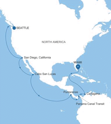 Silversea Cruises Silver Nova Map 2026 Seattle (Washington) to Miami, FL