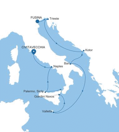 Silversea Cruises Silver Nova Map 2026 Fusina (Venice) to Civitavecchia (Rome)