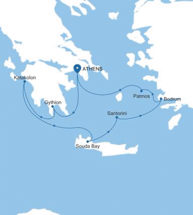 Silversea Cruises Silver Nova Map 2026 Athens (Piraeus) to Athens (Piraeus)