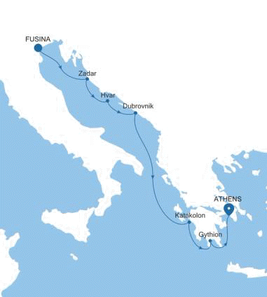 Silversea Cruises Silver Nova Map 2026 Fusina (Venice) to Athens (Piraeus)
