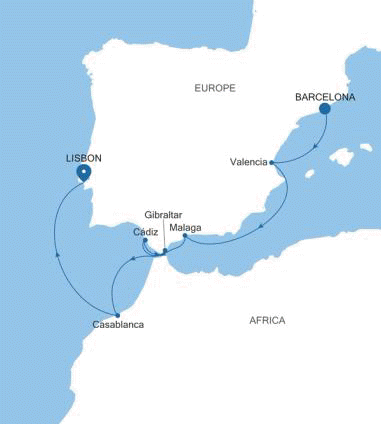 Silversea Cruises Silver Nova Map 2026 Barcelona to Lisbon