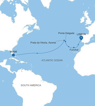 Silversea Cruises Silver Nova Map 2026 Miami, FL to Lisbon