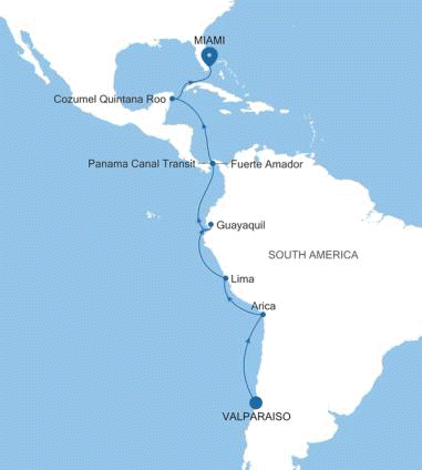 Silversea Cruises Silver Nova Map 2027 Valparaiso to Miami, FL