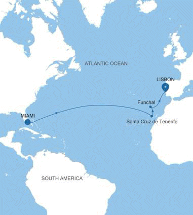 Silversea Cruises Silver Nova Map 2027 Miami, FL to Lisbon