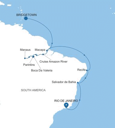 Silversea Cruises Silver Nova Map 2027 Bridgetown to Rio de Janeiro