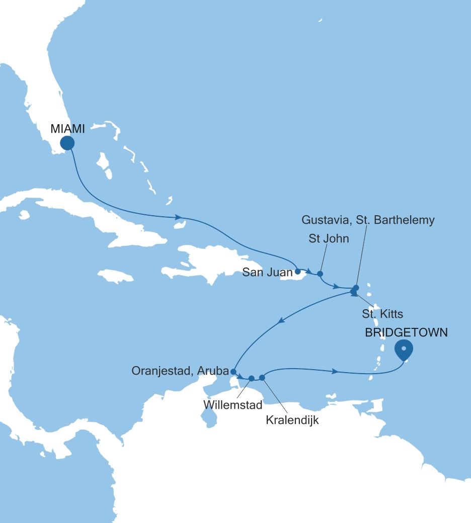 Silver Nova Miami, FL to Bridgetown voyage SN270106012 itinerary map