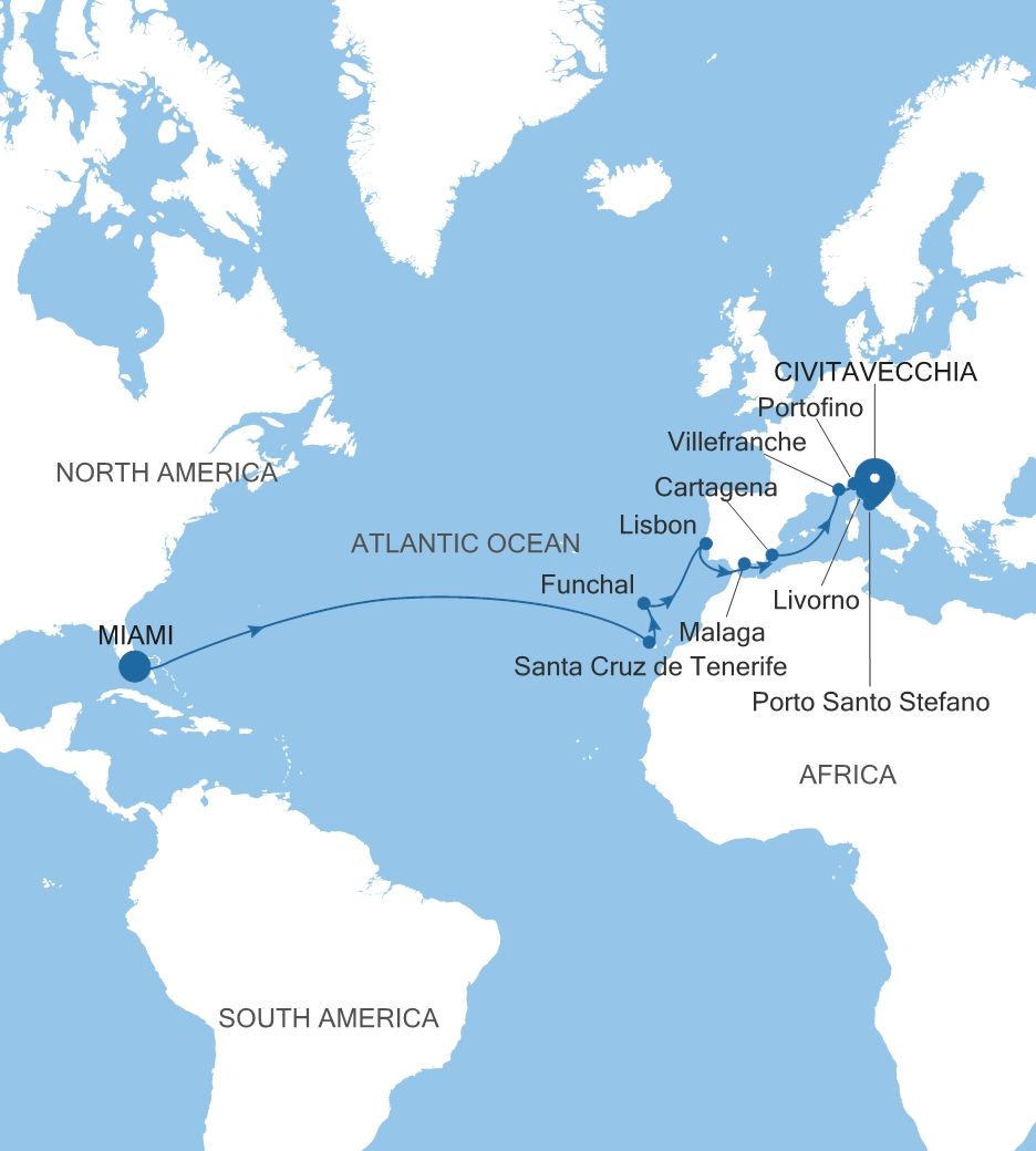 Silver Nova Miami, FL to Civitavecchia (Rome) voyage SN270323C24 itinerary map