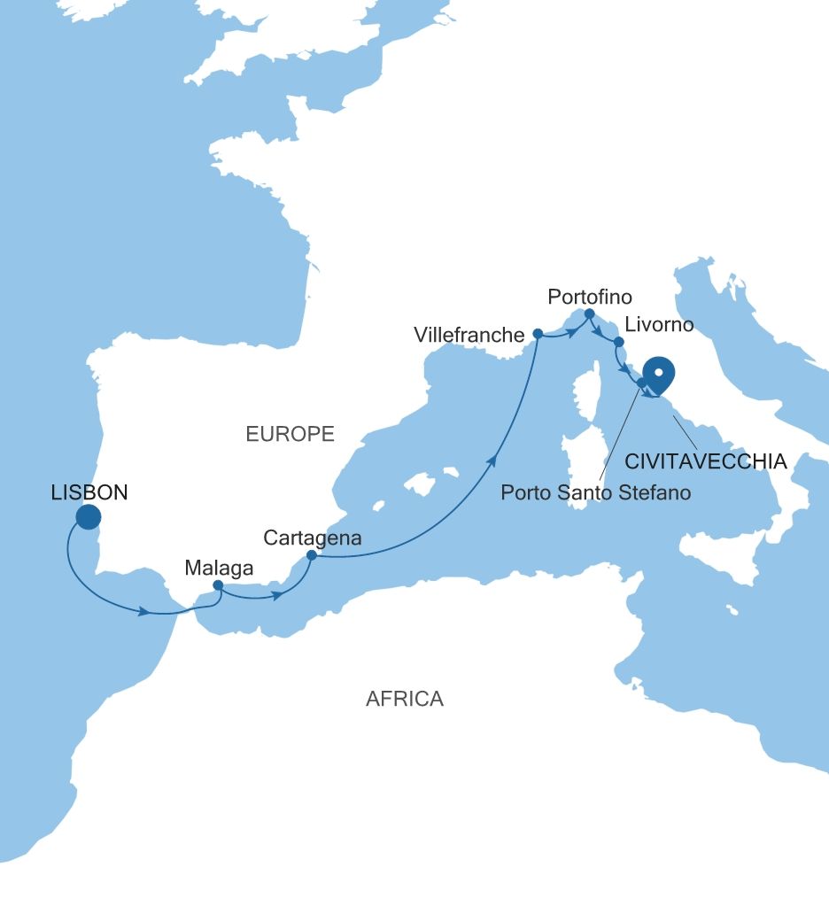Silver Nova Lisbon to Civitavecchia (Rome) voyage SN270406010 itinerary map