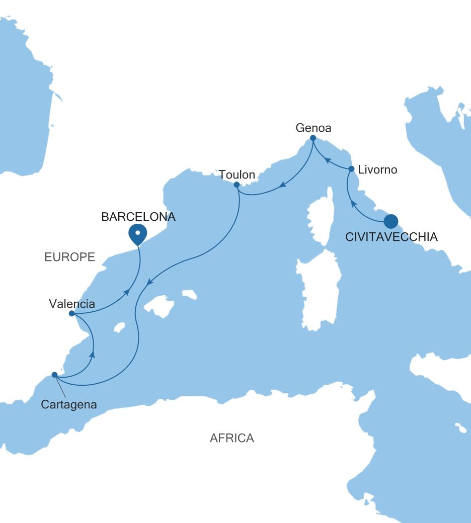 Silver Nova Civitavecchia (Rome) to Barcelona voyage SN271107007 itinerary map