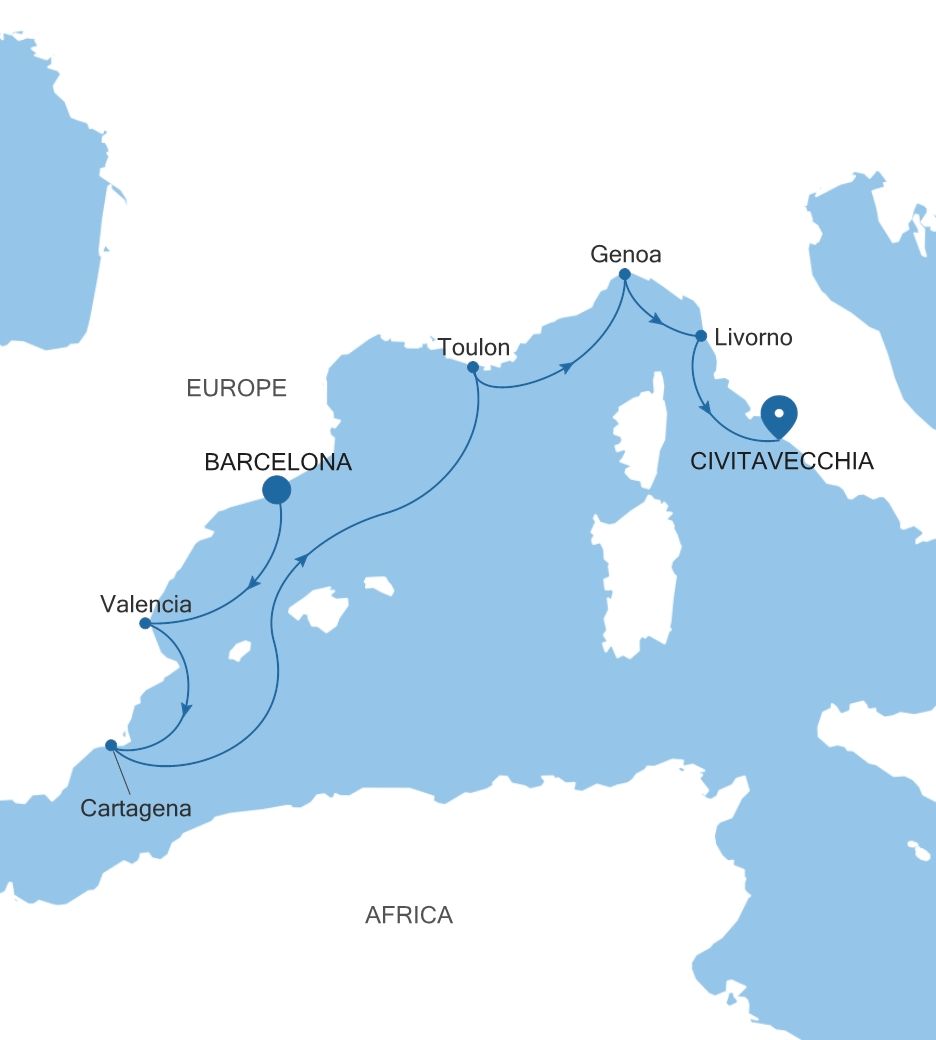 Silver Nova Barcelona to Civitavecchia (Rome) voyage SN271114007 itinerary map