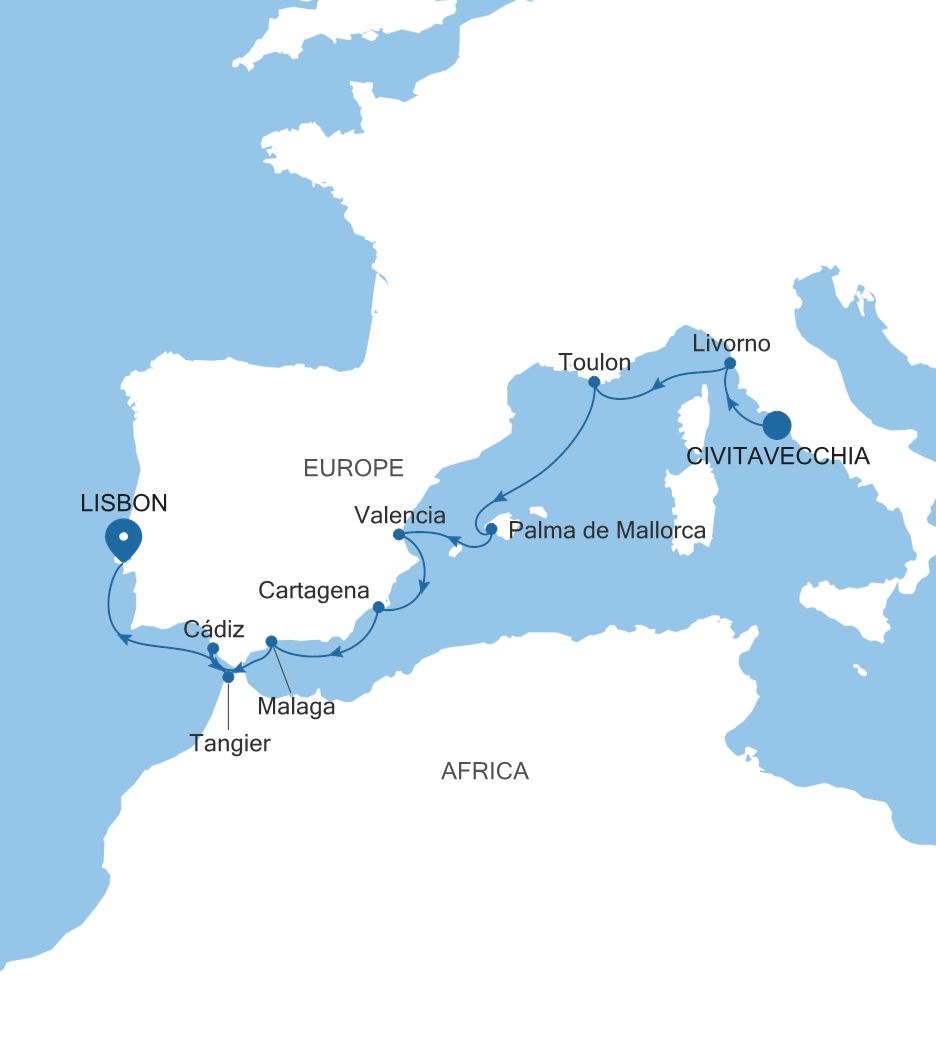 Silver Nova Civitavecchia (Rome) to Lisbon voyage SN271121012 itinerary map