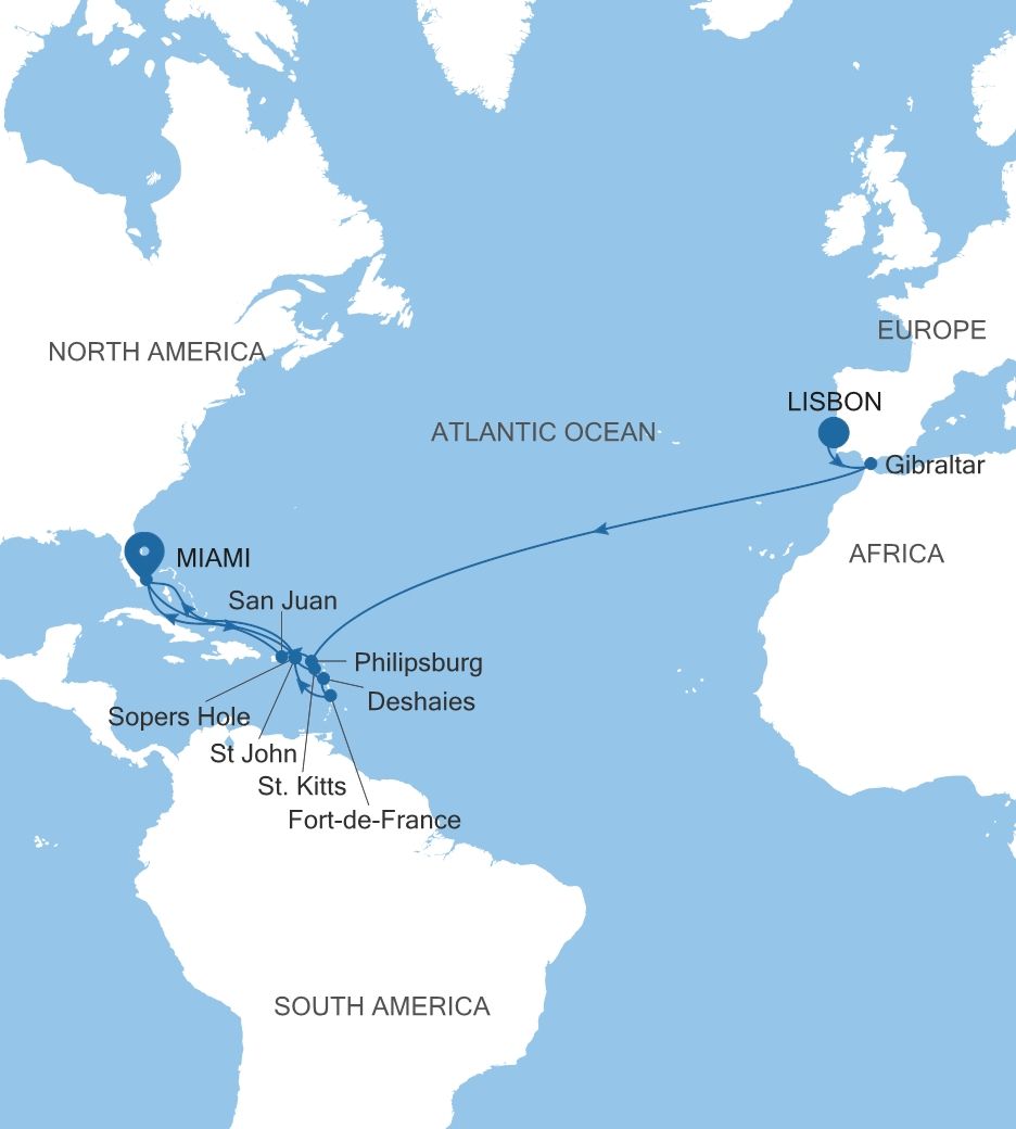 Silver Nova Lisbon to Miami, FL voyage SN271203C26 itinerary map