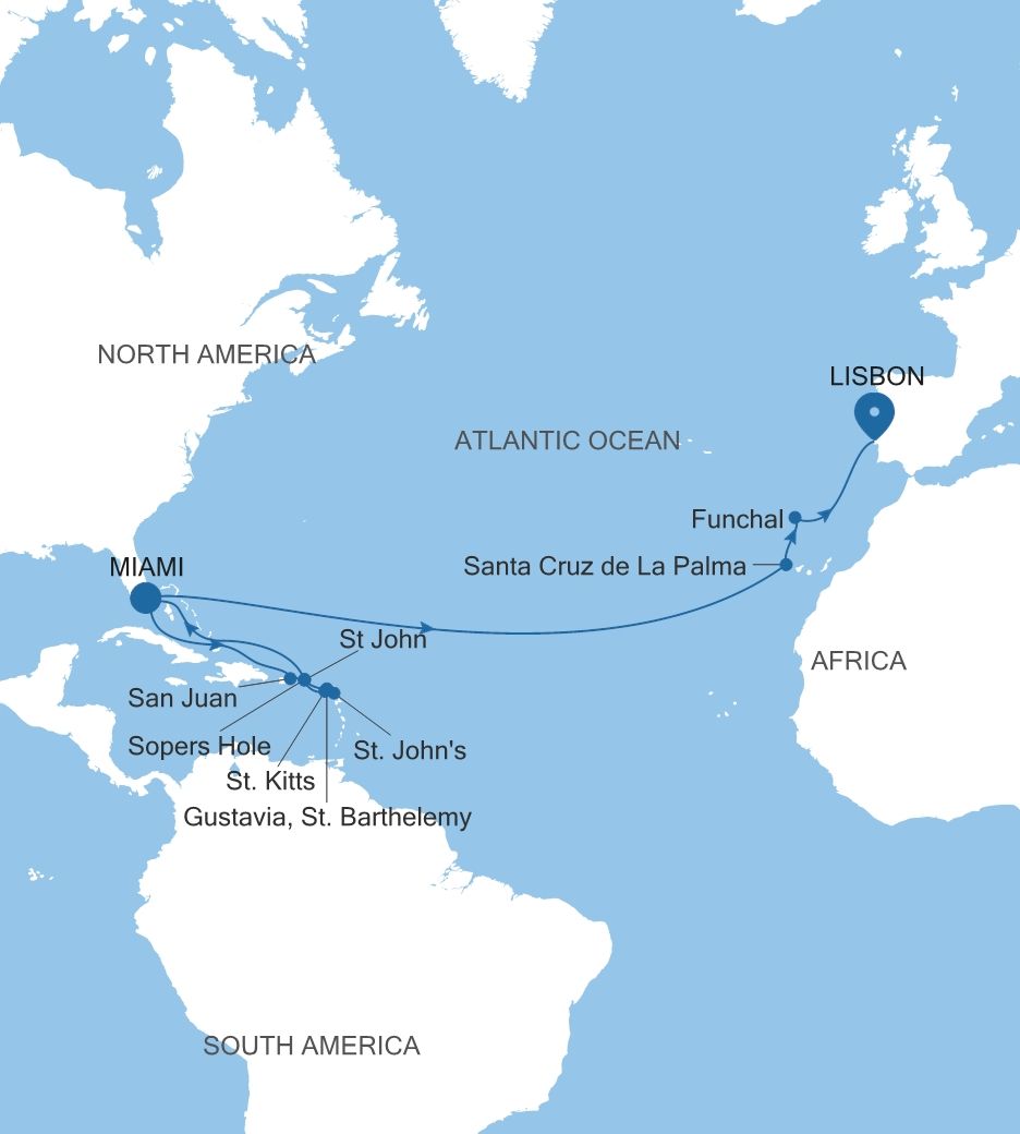 Silver Nova Miami, FL to Lisbon voyage SN280222C25 itinerary map