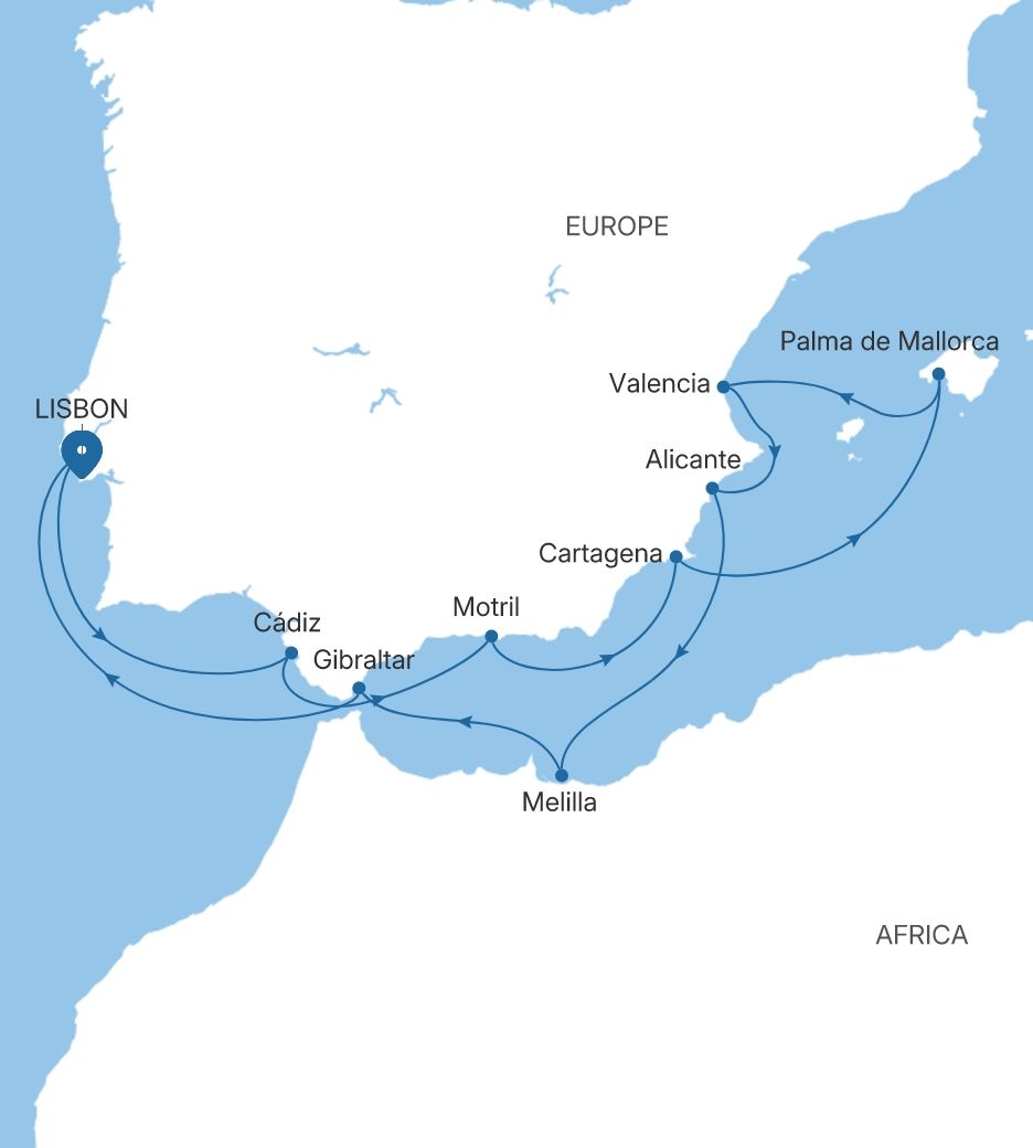 Silver Nova Lisbon to Lisbon voyage SN280924012 itinerary map
