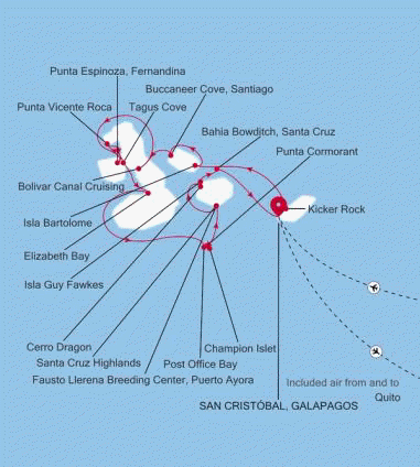 Silversea Cruises Silver Origin 2026 map San Cristbal, Galapagos to San Cristbal, Galapagos