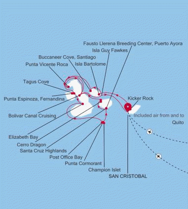 Silversea Cruises Silver Origin 2026 map San Cristbal, Galapagos to San Cristbal, Galapagos