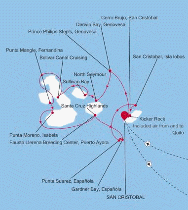 Silversea Cruises Silver Origin 2026 map San Cristbal, Galapagos to San Cristbal, Galapagos