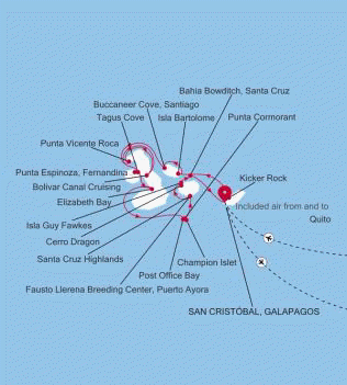 Silversea Cruises Silver Origin Map 2027 San Cristbal, Galapagos to San Cristbal, Galapagos