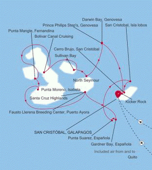 Silversea Cruises Silver Origin Map 2027 San Cristbal, Galapagos to San Cristbal, Galapagos