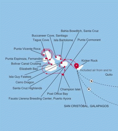 Silversea Cruises Silver Origin Map 2027 San Cristbal, Galapagos to San Cristbal, Galapagos