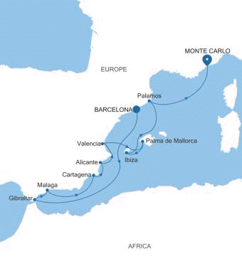Silversea Cruises Silver Ray Map 2026 Barcelona to Monte Carlo