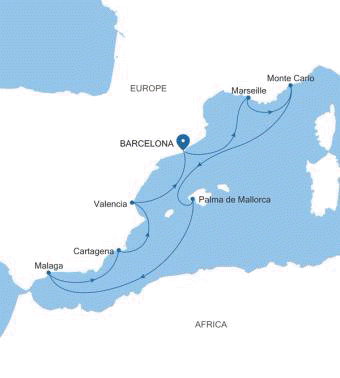 Silversea Cruises Silver Ray Map 2026 Barcelona to Barcelona