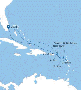Silversea Cruises Silver Ray Map 2026 Miami, FL to Miami, FL