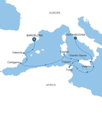 Silversea Cruises Silver Ray Map 2026 Civitavecchia (Rome) to Barcelona