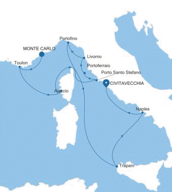 Silversea Cruises Silver Ray Map 2026 Monte Carlo to Civitavecchia (Rome)