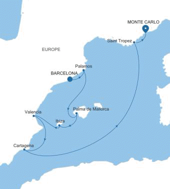 Silversea Cruises Silver Ray Map 2026 Barcelona to Monte Carlo