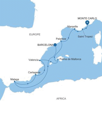 Silversea Cruises Silver Ray Map 2026 Barcelona to Monte Carlo
