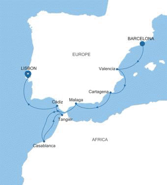 Silversea Cruises Silver Ray Map 2026 Barcelona to Lisbon