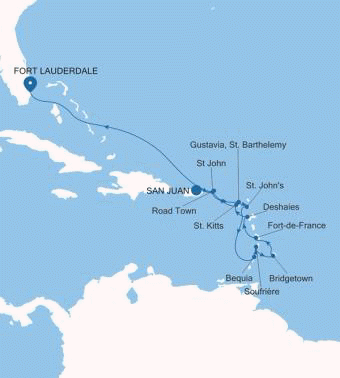 Silversea Cruises Silver Ray Map 2026 San Juan to Fort Lauderdale, Florida