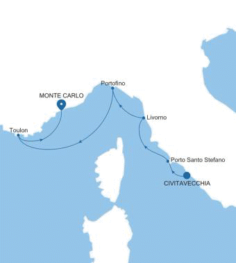 Silversea Cruises Silver Ray Map 2026 Civitavecchia (Rome) to Monte Carlo