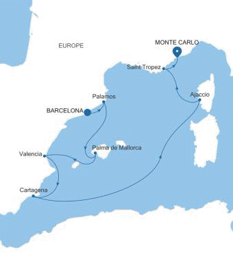 Silversea Cruises Silver Ray Map 2026 Barcelona to Monte Carlo