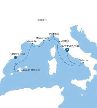 Silversea Cruises Silver Ray Map 2026 Barcelona to Civitavecchia (Rome)