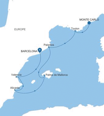 Silversea Cruises Silver Ray Map 2026 Monte Carlo to Barcelona