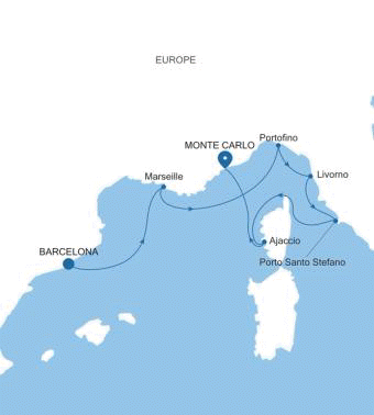 Silversea Cruises Silver Ray Map 2026 Barcelona to Monte Carlo