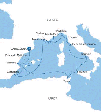 Silversea Cruises Silver Ray Map 2026 Barcelona to Barcelona