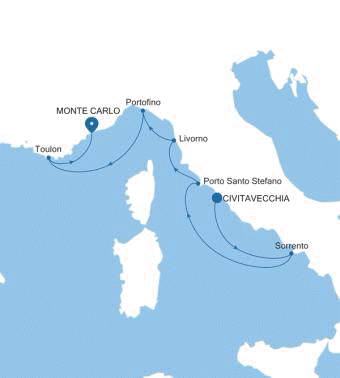 Silversea Cruises Silver Ray Map 2026 Civitavecchia (Rome) to Monte Carlo