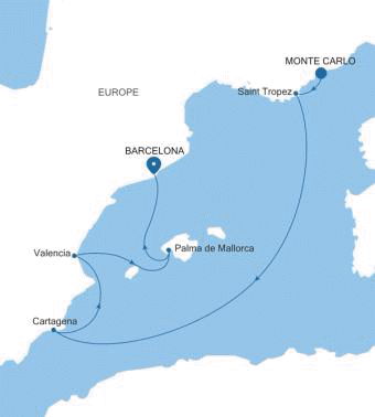 Silversea Cruises Silver Ray Map 2026 Monte Carlo to Barcelona