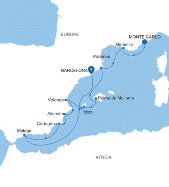 Silversea Cruises Silver Ray Map 2026 Monte Carlo to Barcelona