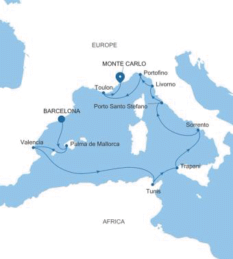 Silversea Cruises Silver Ray Map 2026 Barcelona to Monte Carlo
