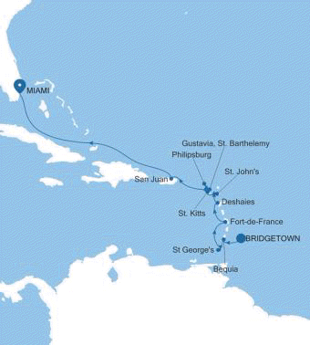 Silversea Cruises Silver Ray Map 2027 Bridgetown to Miami, FL
