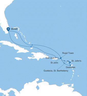 Silversea Cruises Silver Ray Map 2027 Miami, FL to Miami, FL